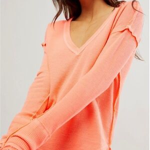 Free People Sail Away Fluorescent Coral Long Sleeve Thermal Top Sweater Shirt S
